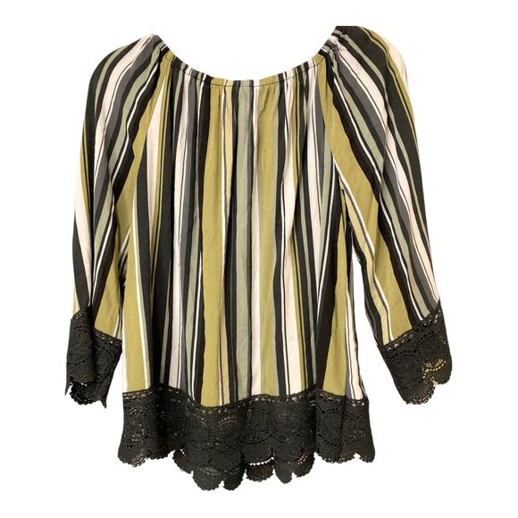 Est. 1946 Green and Black Striped Lace Trimmed Blouse Size M EUC - Picture 2 of 7